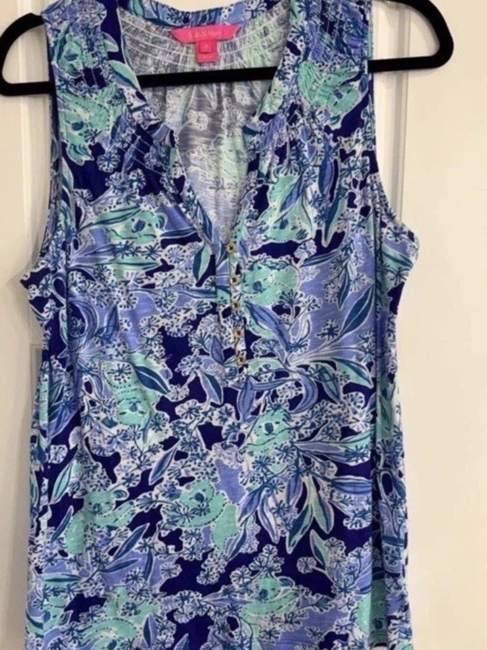 Lilly Pulitzer Women's M Blue Green Floral Sleeveless V-Neck Button Blouse Boho